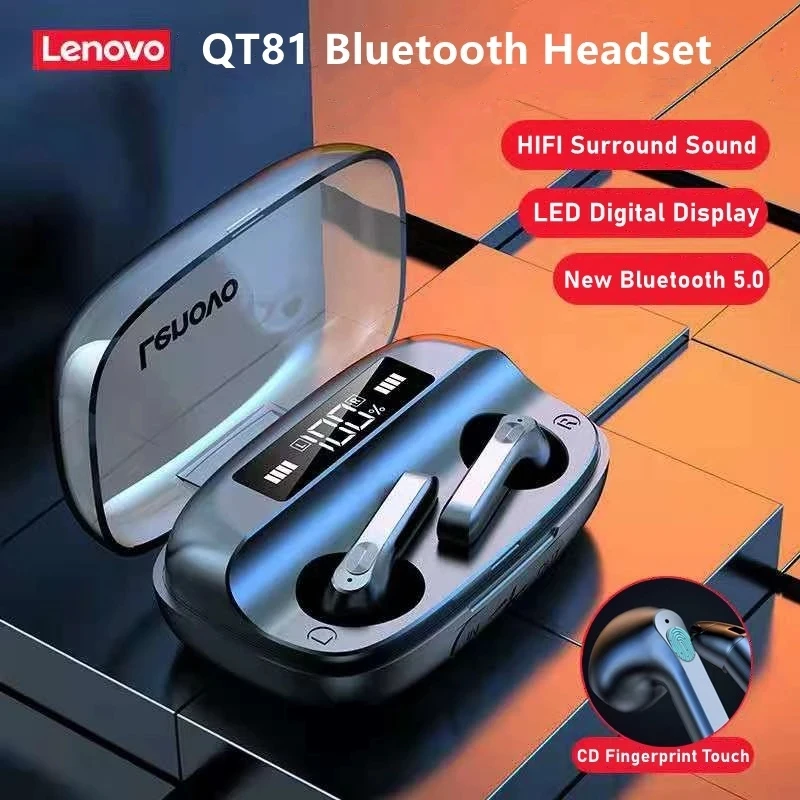 

Беспроводные наушники Lenovo QT81 TWS, стерео спортивные водонепроницаемые наушники-вкладыши, гарнитура с микрофоном, Bluetooth-наушники, HD-вызов, 1200 м...
