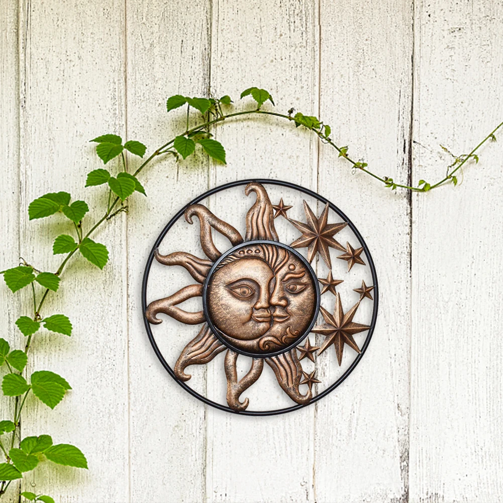 

Metal Sun Moon Wall Hanging Sculpture Wrought Iron Ornaments Art for Home Garden Living Room Wall Decoration