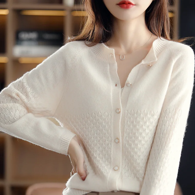 Женский кардиган из 100% шерсти с круглым вырезом новое вязаное ажурное пальто