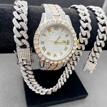 3PCS Jewelry for Mens Women Iced Out Watch Necklace Bracelet Bling Bling Miama Cuban Chain Choker Jewelry for Man Gold Watch Set-36877