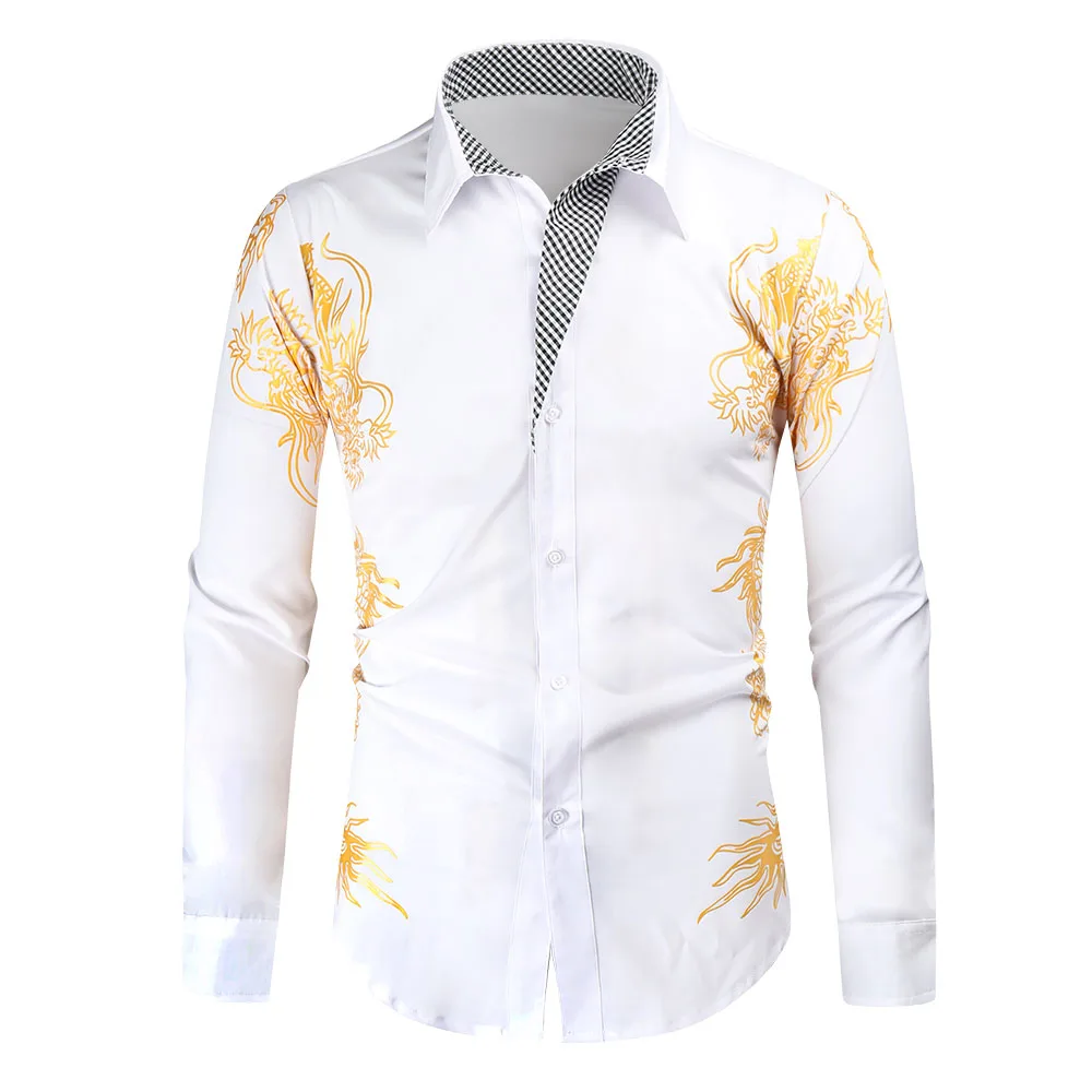2022 New High Quality Men's Bronzed Printing Stand Collar Single Breasted Slim Long Sleeve Men's Shirts