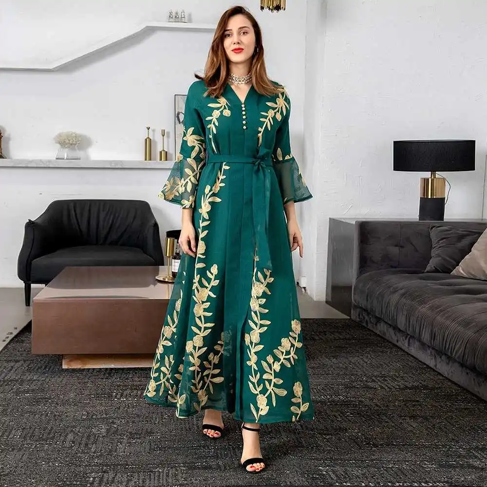 

Mesh Floral Embroidered Abaya Dress for Women Elegant Middle East Arab Oman Dubai Morocco Caftan Evening Party Clothes