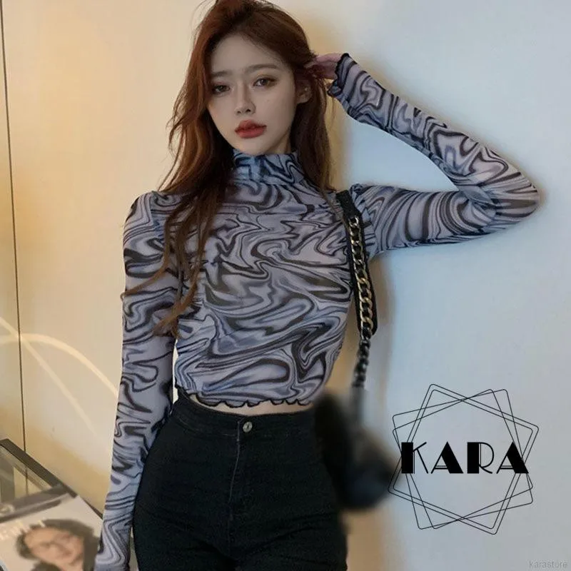 

Women Autumn Slim Bottoming Shirt Long-sleeved Mesh Short Top
