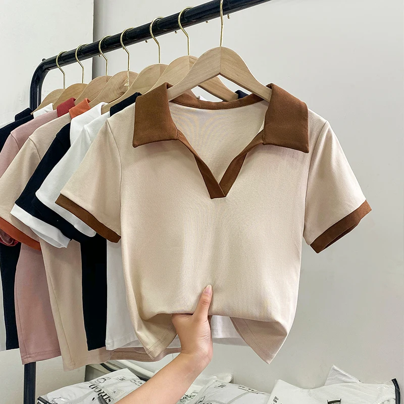 

Женские хлопковые футболки в стиле пэчворк Y2k, летние однотонные корейские модные офисные футболки в стиле Харадзюку с отложным воротником,...