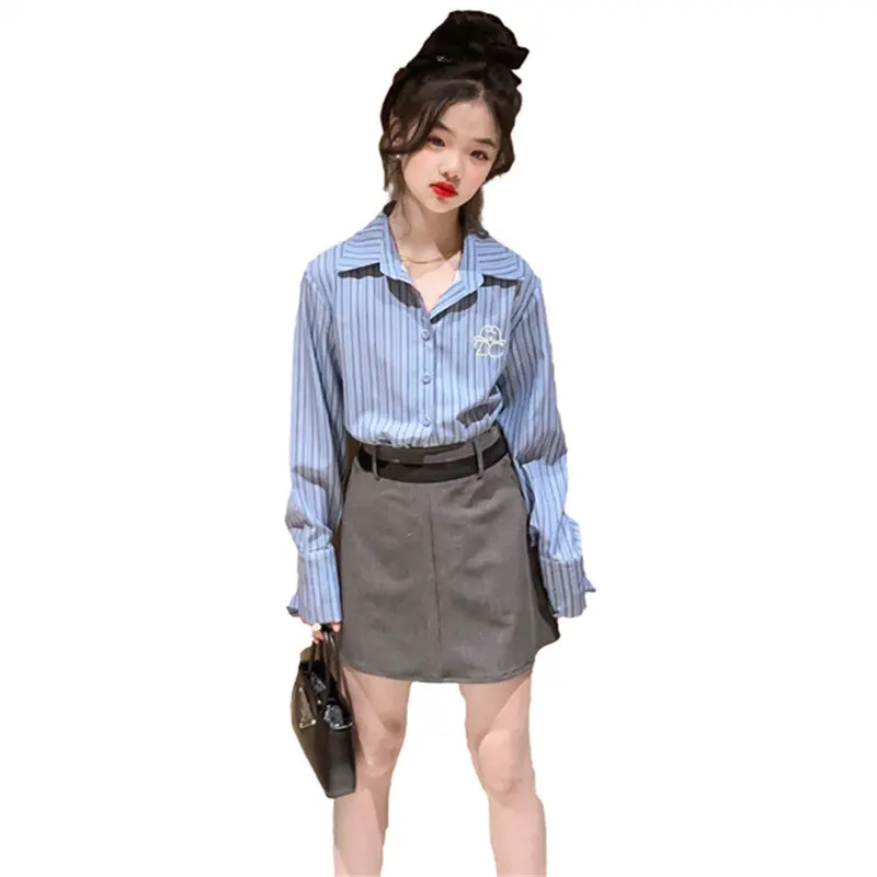 

Summer Suit for Girls 2023 New Baby Long Sleeve Striped Shirt + Skirt Two-Piece Set Children Casual Clothing 4 6 8 10 12 14 Year