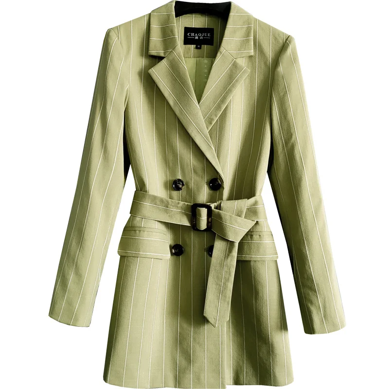 Women's Matcha Green Blazer Female 2023 Autumn Mid-Length Striped Suit Jacket Lady's Office Business Causal Coat