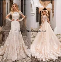 lace mermaid wedding dresses bateau neck long sleeves applique sweep train wedding bridal gowns with detachable train bc0120