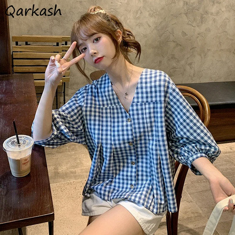 Shirts Women Simple Spring Tender Fashion Plaid Female Baggy Holiday College Clothes Basic Aesthetic Student Blusas Mujer Korean