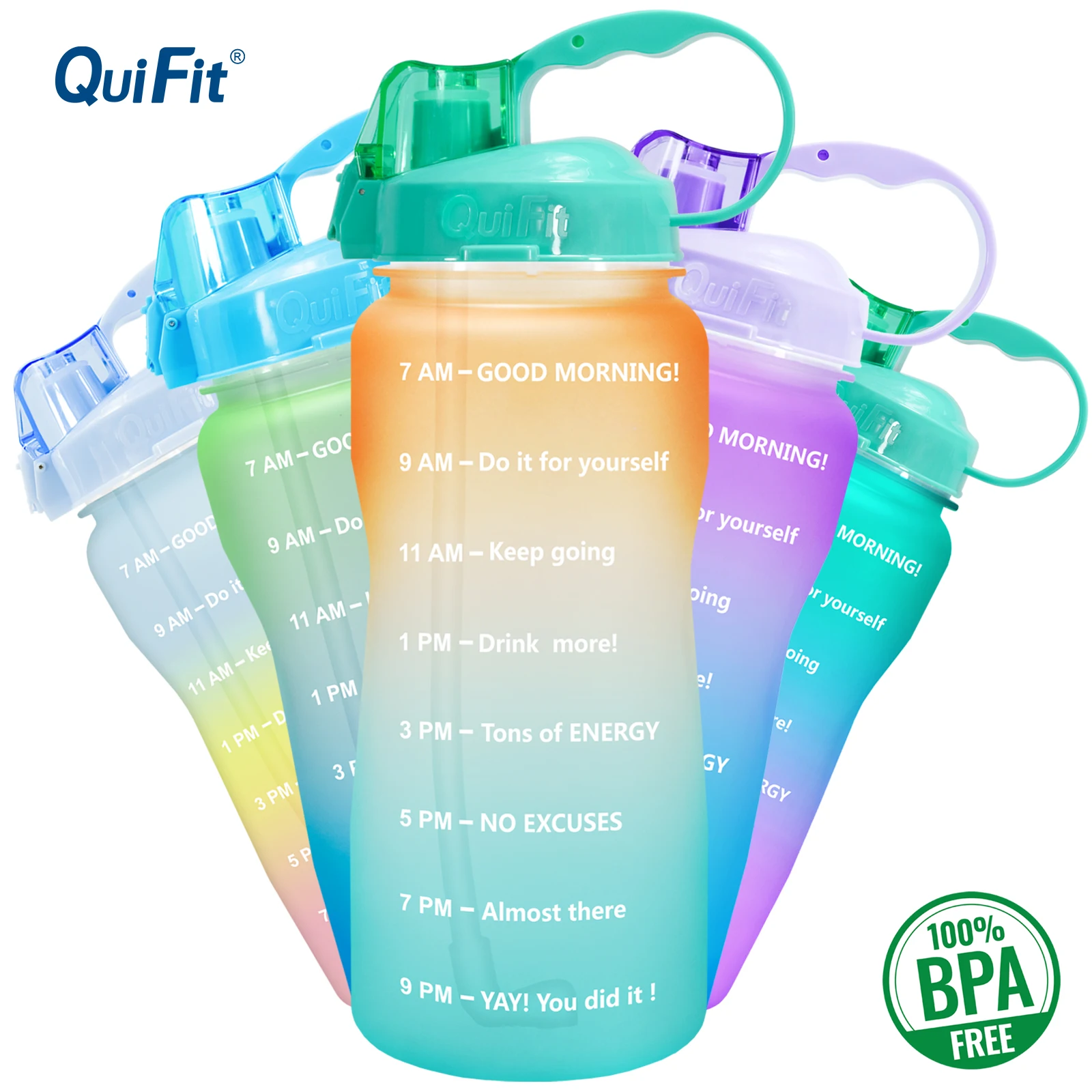 

QuiFit 2L 64 OZ 3.8L 128OZ One Gallon Water Bottle with Straw Motivational & Time Markings Drinking BPA Free Tritan Sport Jugs