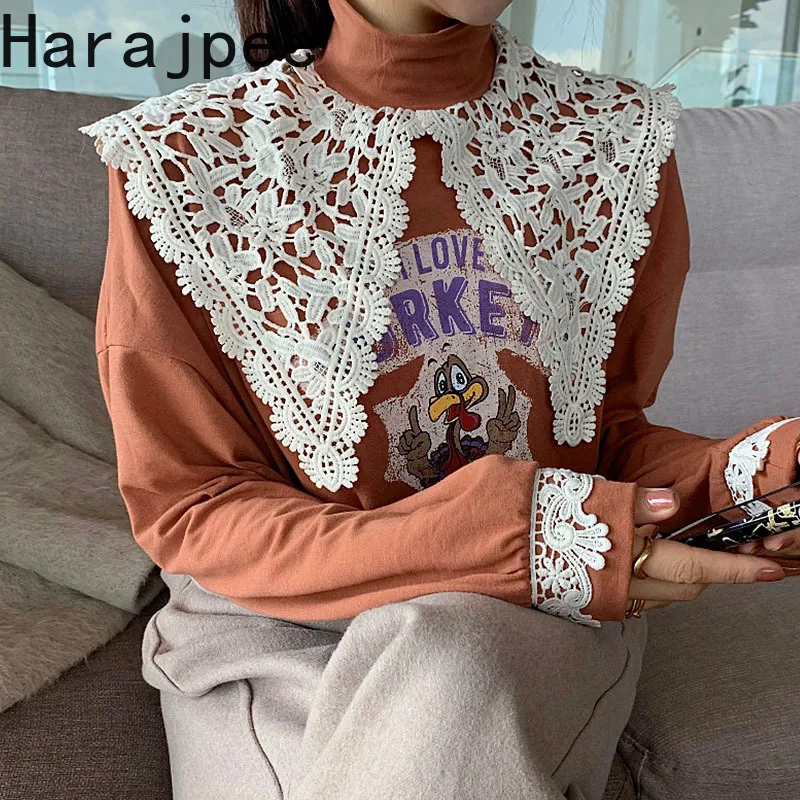 

Harajpee Women Cartoon Print Pullover Lace Patchwork Stand Collar Shirt Puff Sleeve Loose Korean Chic Spring New Casual Tops