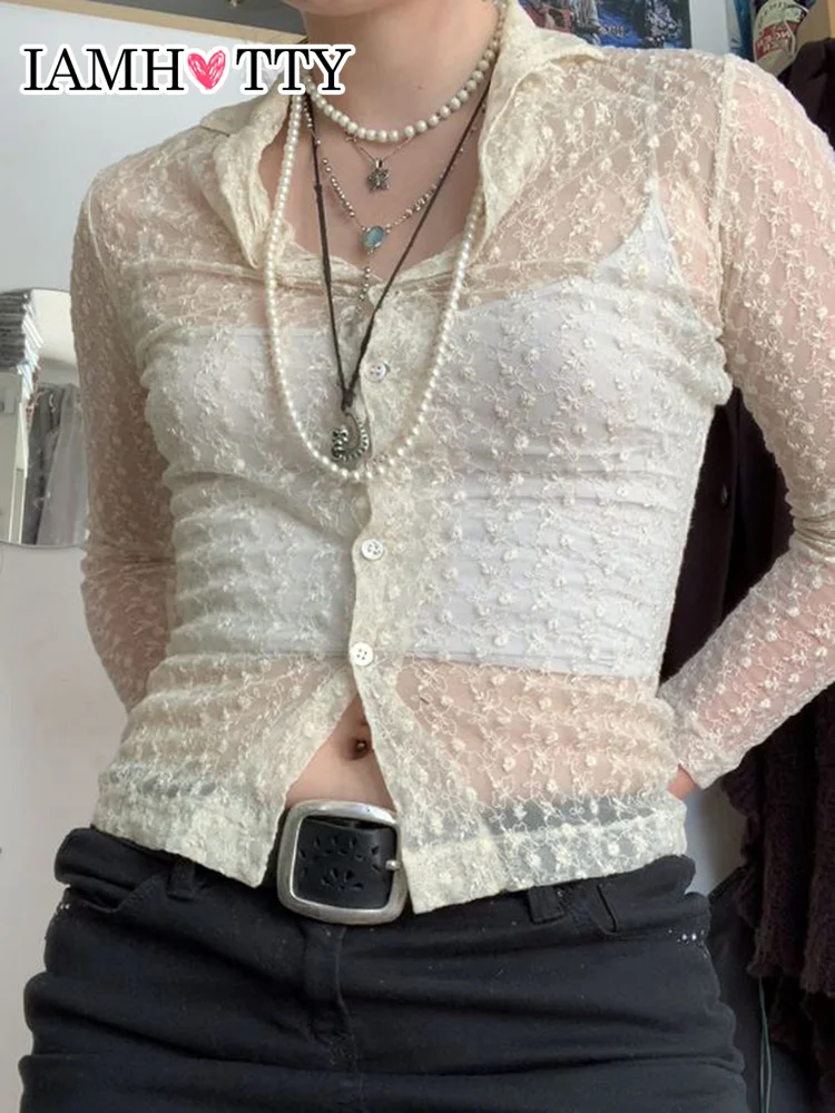 

IAMHOTTY Y2K Floral Lace Top Single-breasted See Through Sexy T-shirt Beige Long Sleeve Cardigan Sweet Coquette Aesthetic Shirt