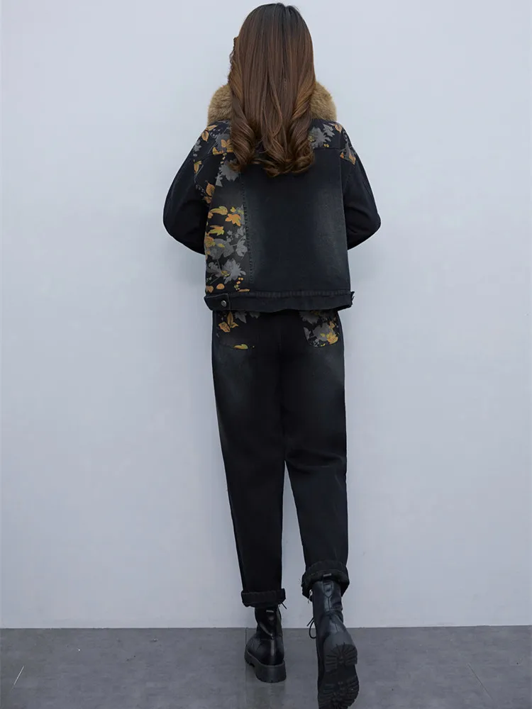 Женский джинсовый костюм из двух предметов повседневный утепленный джинсовой