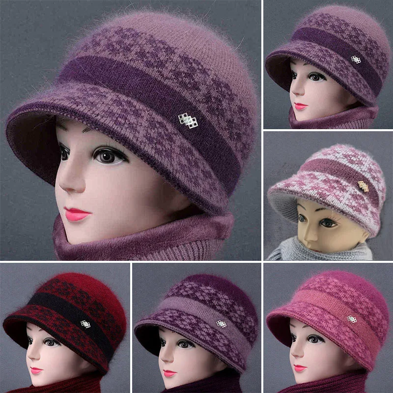 

Autumn Winter Beanies Caps Women Warm Wool Elegant Flowers Knitted Hat Winter Thick Woolen Caps Middle-aged and Elderly Hat
