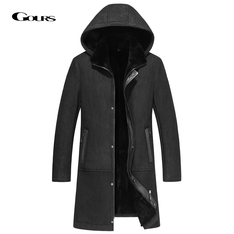 

Мужская длинная куртка GOURS, черная теплая куртка из натуральной овчины, со съемной подкладкой из натуральной шерсти, с капюшоном, зима 1892