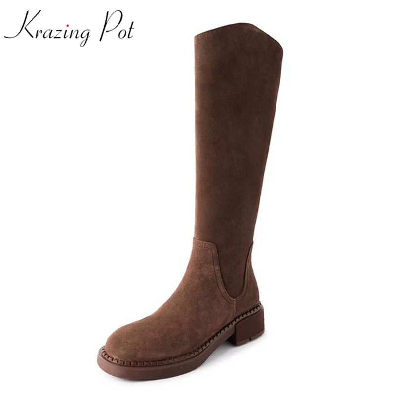 

Krazing Pot Cow Suede Round Toe Equestrian Boots Med Heels Cozy Simple Style Office Lady Basic Zipper Recommend Knee High Boots