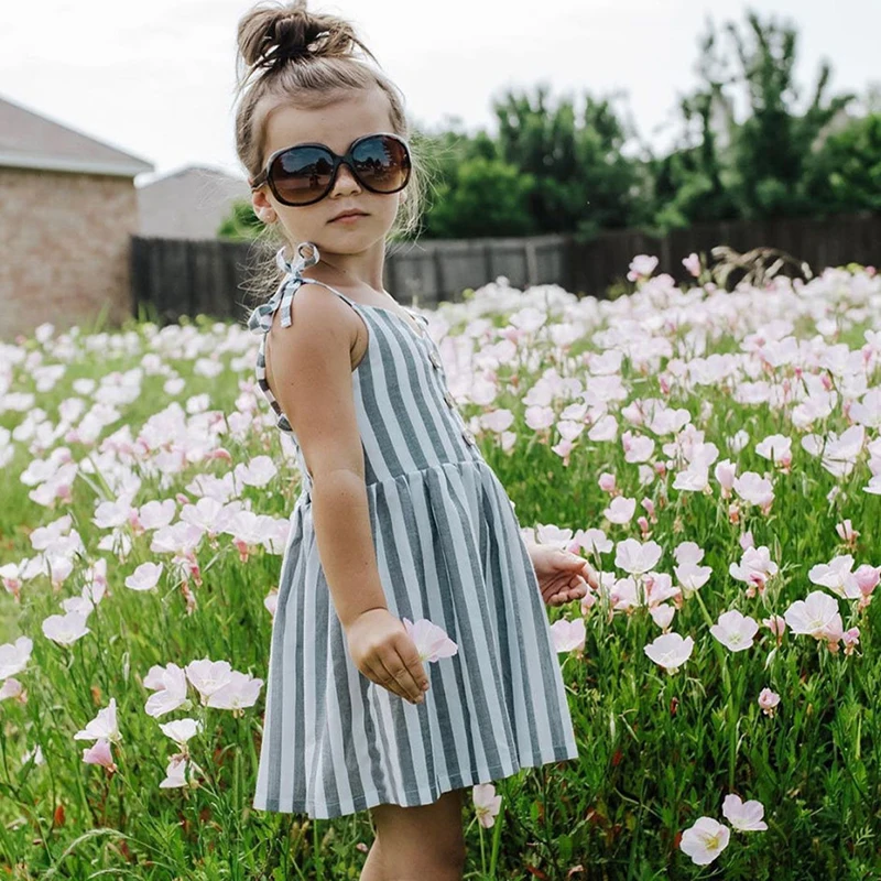 

Girls Stripe Lace-Up Summer Dress 2022 New Children Cotton Casual Adjustable Shoulder Strap Flower Girl Dress Kid Clothes TZ065