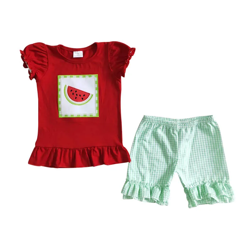 

Summer Baby Watermelon Green Plaid Shorts Wholesale Red Tee Shirt Boutique Pocket Girls Clothes