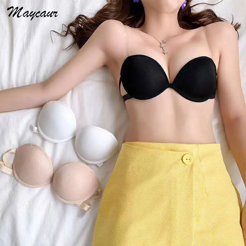 

Sexy Strapless Bra Women Invisible Lace Bralette Push Up Small Chest Non-Slip Underwear Wedding Brassiere Underwear Back 1/2 Cup