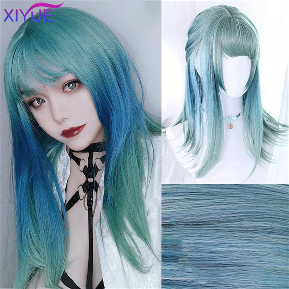 

XIYUE Long Blue Green Wigs for Women Synthetic Hair Wig with Fringe Ombre Color with Dark Roots Layered Wigs Heat Resistant