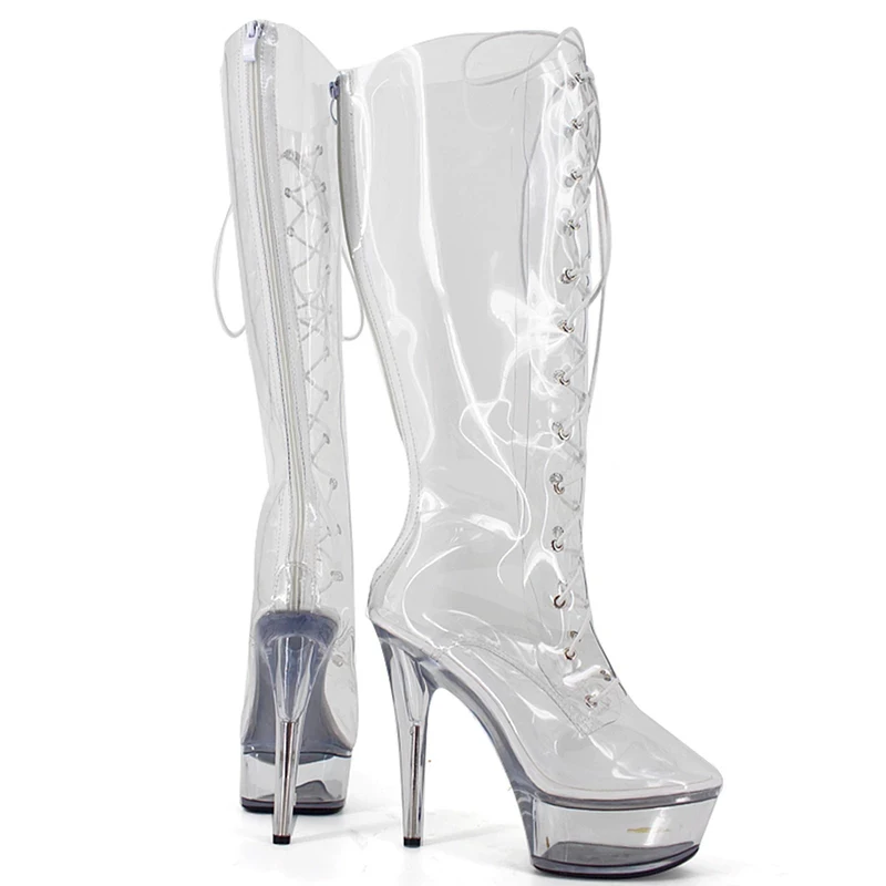 15CM High Heel Transparent Clear Platform Cross-tied Zipper Booties Pole Dance Party Stripper Ladies Shoes