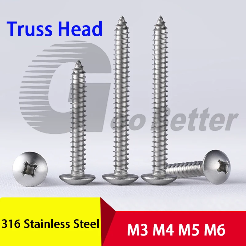

A4 316 Stainless Steel Phillips Truss Head Self-tapping Screws M3 M4 M5 M6 Cross Mushroom Head Wood Screw L=6-100mm