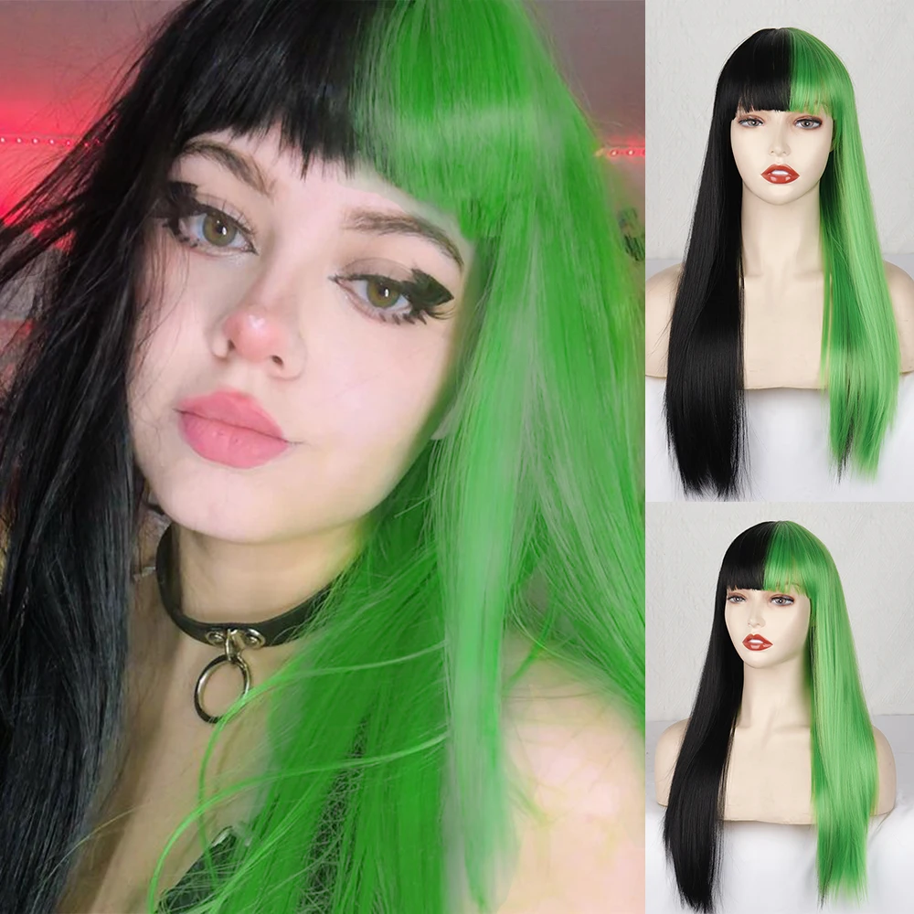 

Synthetic Half Green Half Black With Bangs Lolita Cosplay Wig Two Tone Ombre Long Straight Synthetic Hair Wigs Heat Resistant