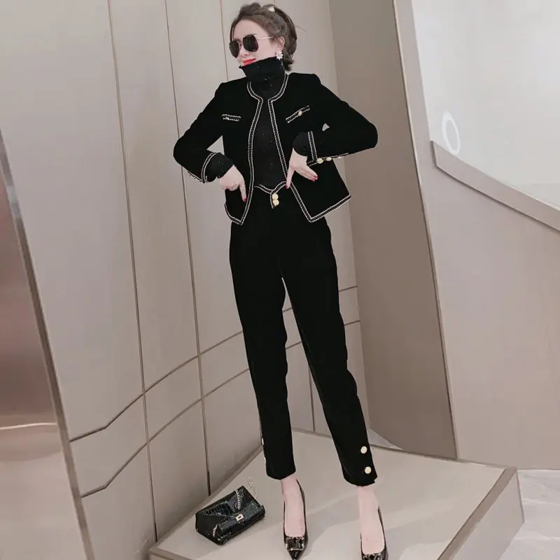 Fashion Velvet Suit Women 2023 New Autumn Winter Vintage Korean Solid Long Sleeve Coat Jacket + High Waist Pant 2 Pieces Set Z25