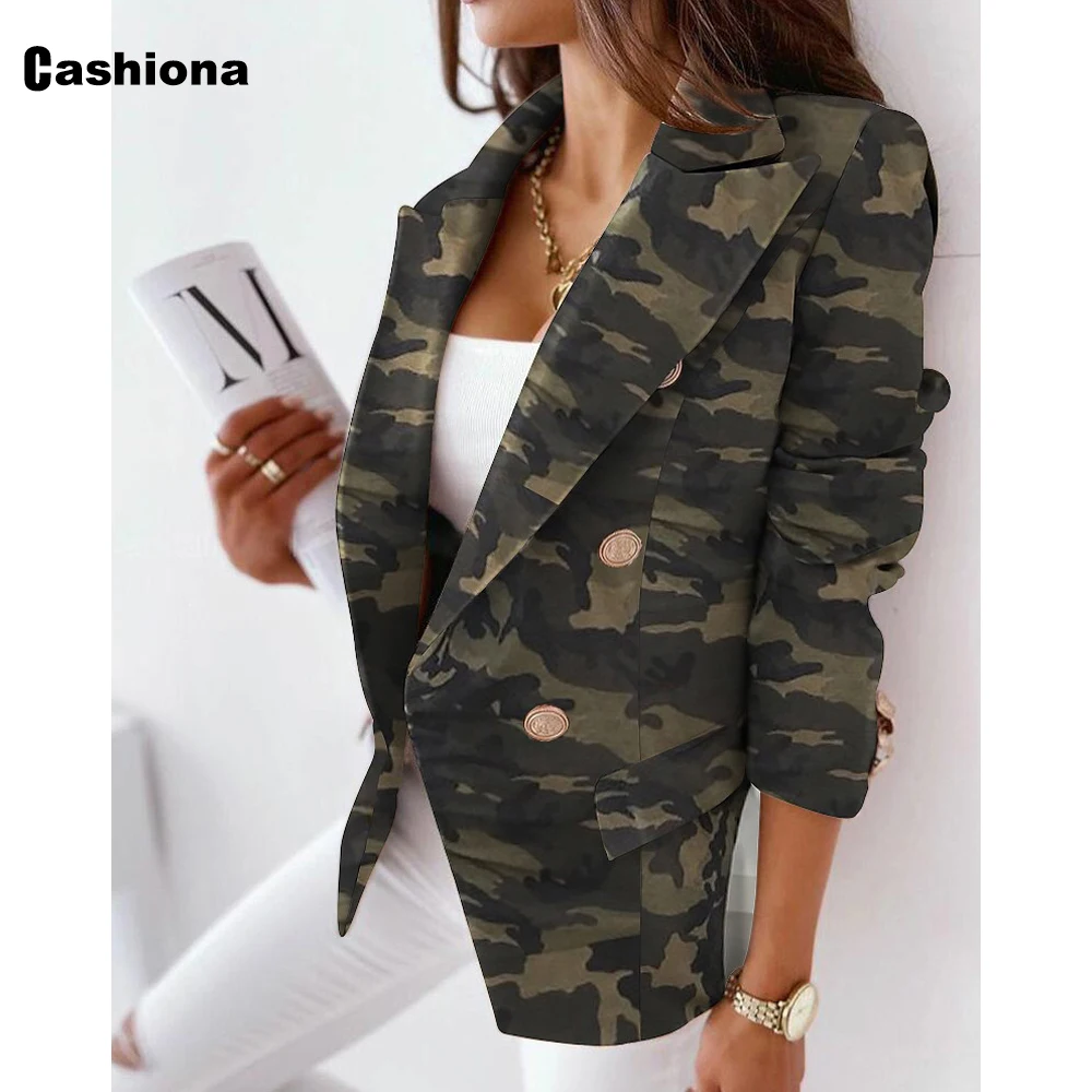 

Women Elegant Blazers Lapel Collar Jackets 2022 European Style Fashion Camouflage Print Tops Outerwear Ladies Skinny Coats