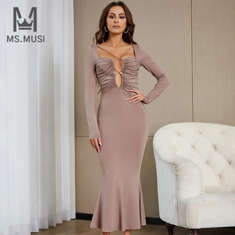 

Новинка 2023, модное женское сексуальное платье MSMUSI с вырезами, длинным рукавом, открытой спиной и драпировкой, обтягивающее вечернее Клубное платье макси, длинное платье