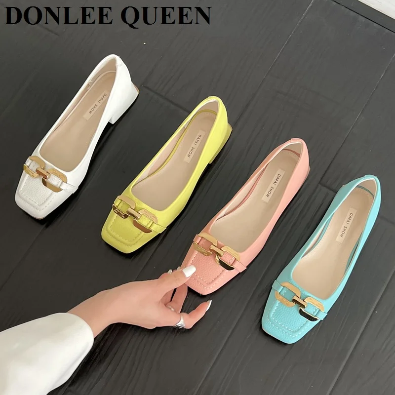 

2022 Spring Flats Shoes Women Square Toe Flat Heel Female Ballet Metal Chain Shallow Ballerina Soft Moccasin Zapatillas De Mujer