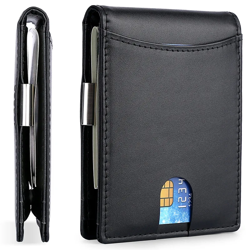 Luxury Genuine Leather Men Short Wallet Biford Thin Purse Carbon Fiber Card Holder RFID Blocking Customed Initials Name