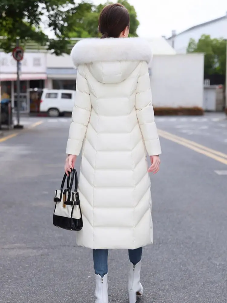 New Women Winter Down Coat Fashion Detachable Real Fox Fur Collar Thicken Slim Long Down Jacket White Duck Down Hooded Overcoat