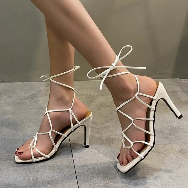2022 Summer Women's Ankle Strap Sandals Ladies Thin High Heels Party Dress Shoes Feminine Square Toe Cross Strap Sandals TGHDOF