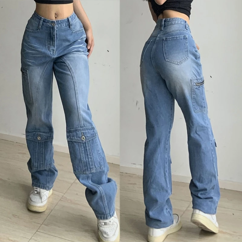 

MXMB Women Low Rise Baggy Cargo Jeans Multi Pockets Straight Wide Leg Denim Trousers