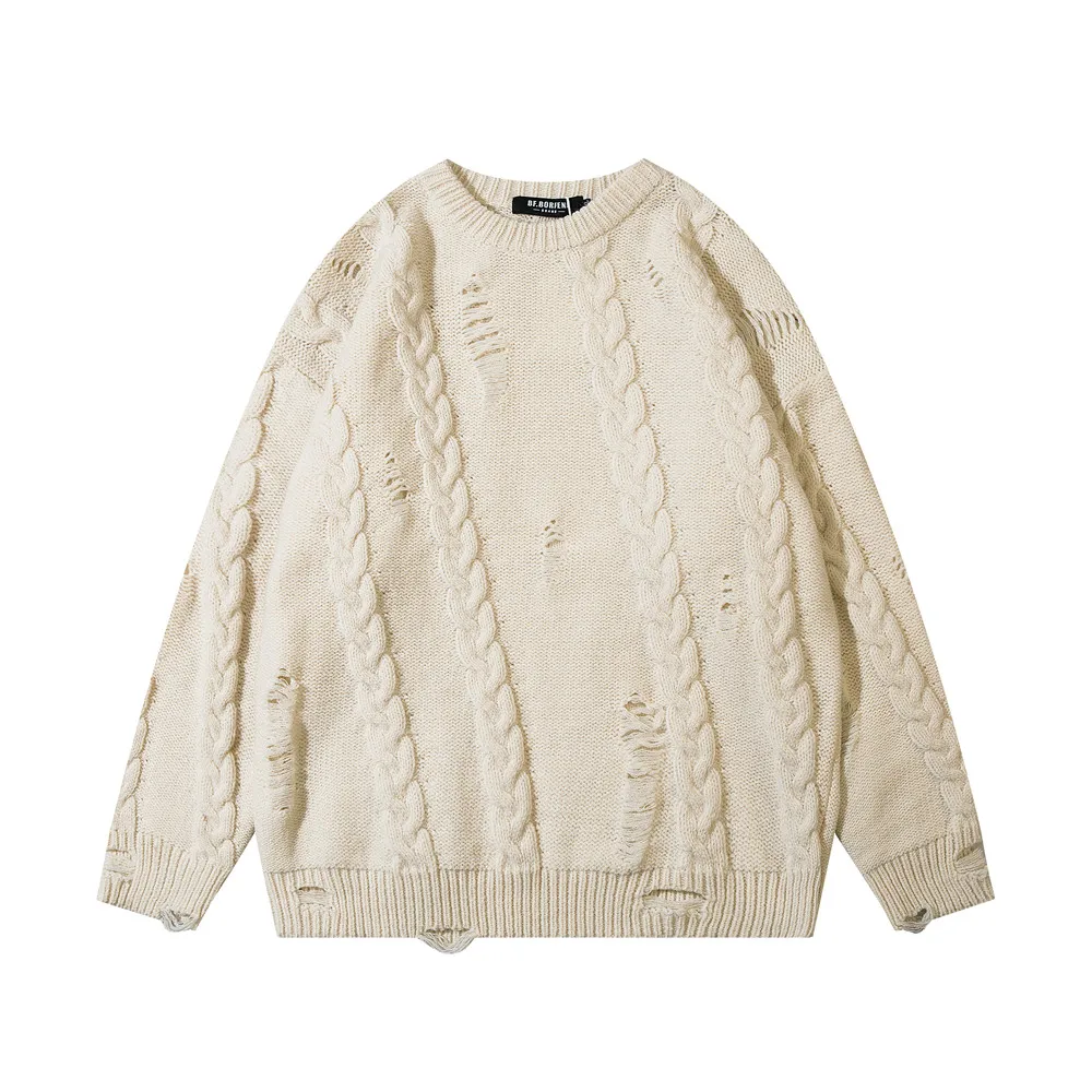 

Трикотажный свитер в стиле хип-хоп, уличная одежда, однотонный потертый рваный пуловер с круглым вырезом, осенний мужской Повседневный хлопковый свитер в стиле Харадзюку, унисекс, 2022