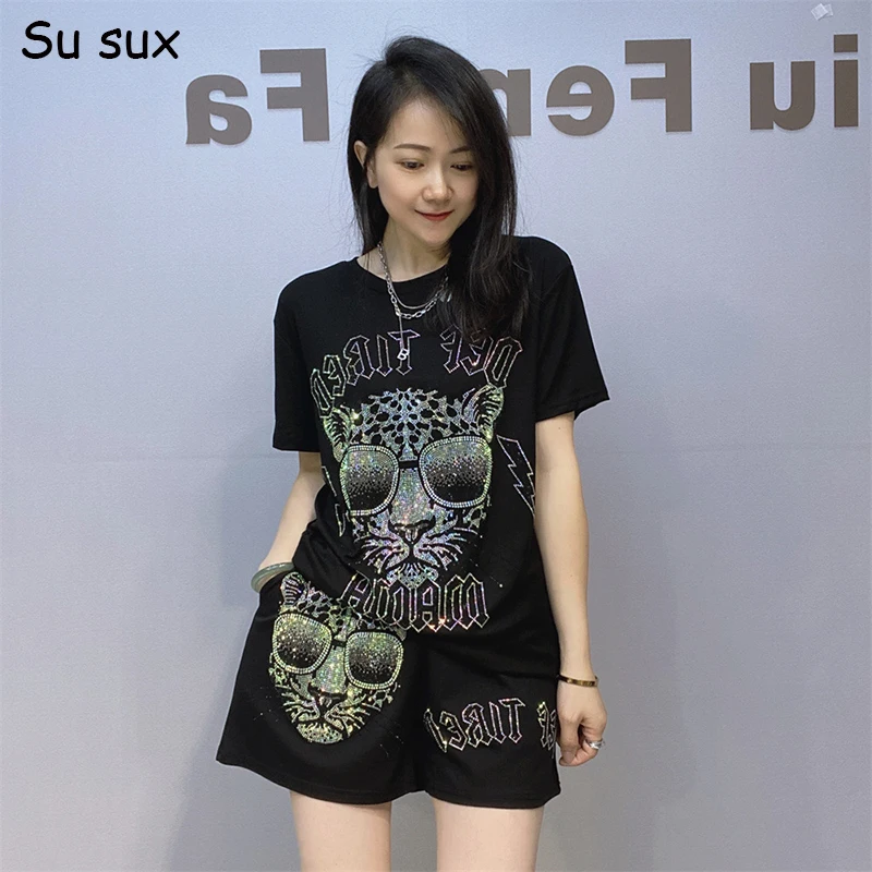 Леопардовые короткие брюки с блестками женские комплекты из 2 предметов Y2k одежда