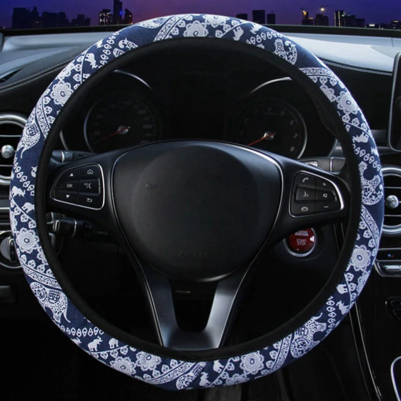 

New Car Steering Wheel Cover Elephant Print Cloth Elastic Band Without Loop Grip 37-38 Universal Without Inner Ring