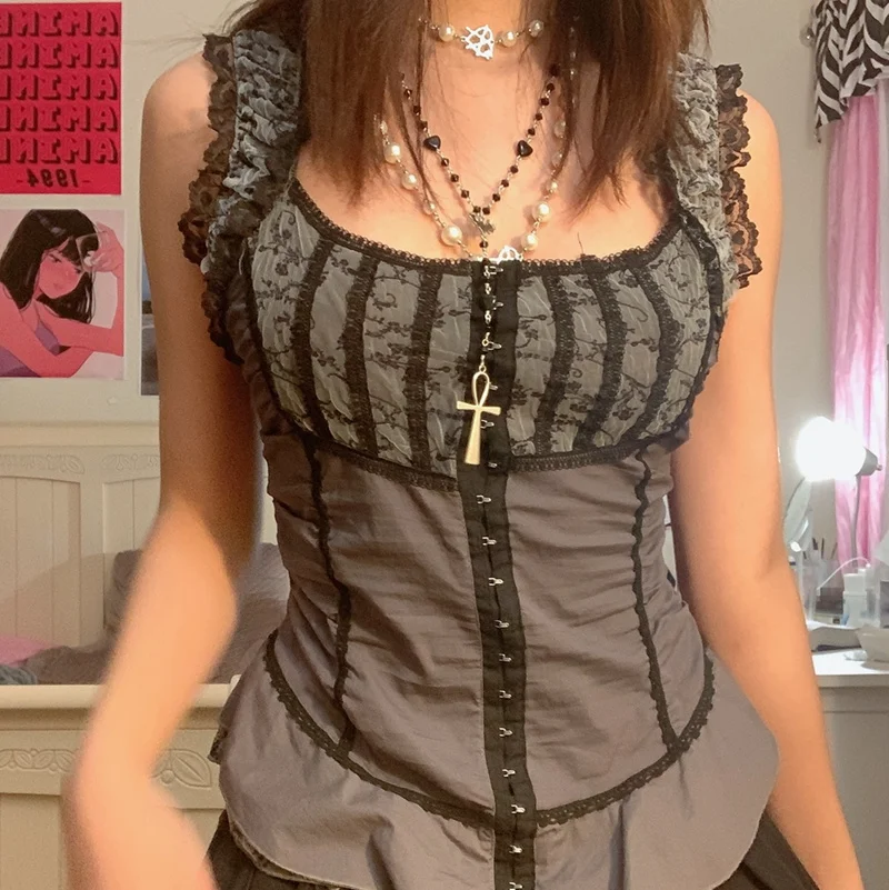 

hirigin Vintage Button Tank Top Lace Trim Y2K Aesthetic Fairycore Grunge Square Collar Sleeveless Women Vest Retro Streetwear
