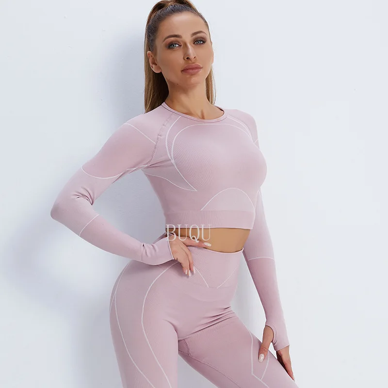 

Women's Summer Sports Suit Long Sleeve Long Pants Naked Slim Fit Elastic Breathable Quick Dry Running and Fitness Two-piece Set