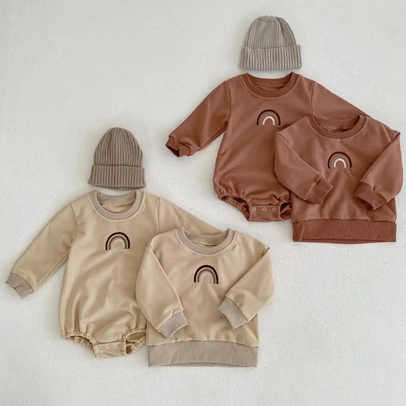 

Зимняя детская одежда для ползания с радужной вышивкой, однотонные винтажные свитеры для мальчиков и девочек, детский Модный пуловер, хлопк...