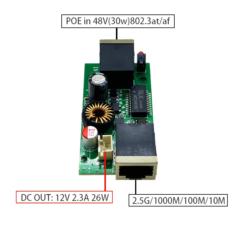 Фото Активный изолированный разветвитель PoE от 48 В до 12 В, 5 В IEEE802.3af/at, выход постоянного тока 12 В, 5 В, 26 Вт, 2,5 Г/10/100/1000 м №5