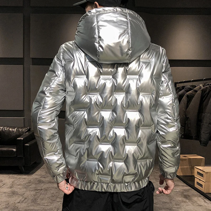 Winter Polyester Men's Down Jacket Hooded Long Sleeve Cardigan Pockets Zipper Slim Solid Thick Glossy Fashion Casual Down Jacket