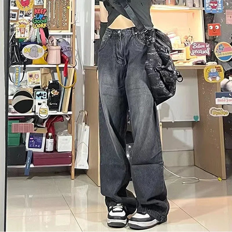 Women Vintage Streetwear Black Baggy Korean Jeans High Waiste Oversize Wide Leg Pants Grunge Denim Trousers Brand Alt Clothes