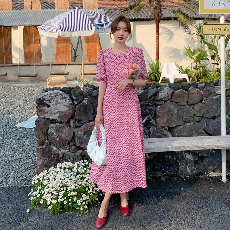 

French Romantic Sweet Simple Maxi Red Color Women Dresses For Summer Feminino Big swing Short Sleeve High Waist Glam Vestidos