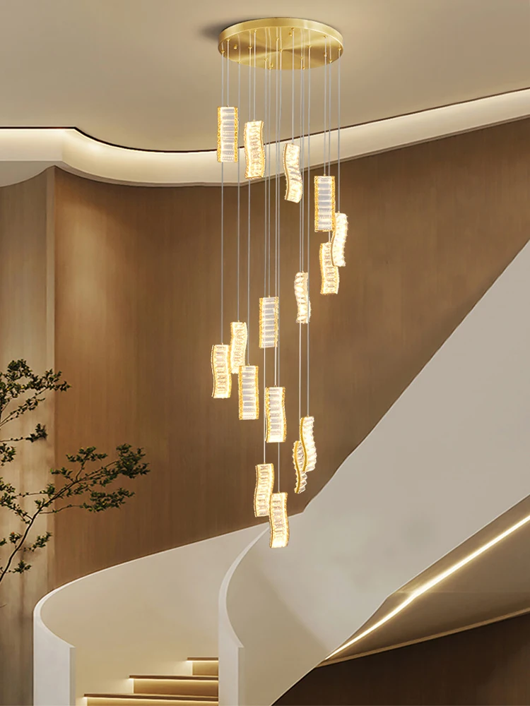 

Nordic Duplex Staircase Long Chandelier Villa LOFT Apartment Mid Rise Living Room Personalized All Copper Crystal Chandelier