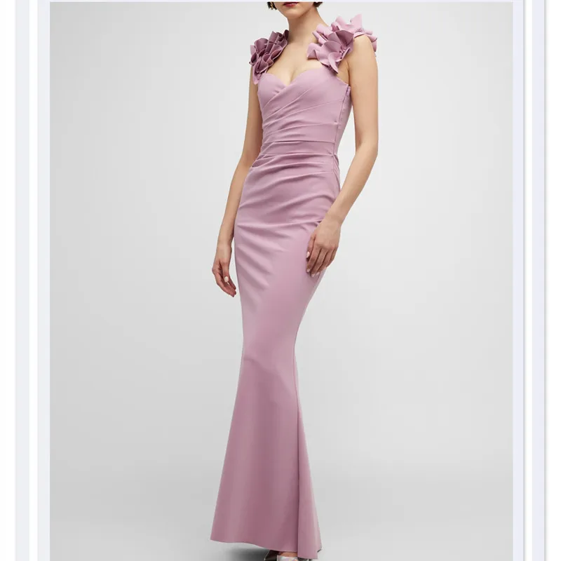 

2023 Elegant Ruffle-Trim Mermaid Evening Dress Sweetheart Neckline Stretch Straps Sleeveless Floor-length Formal Prom Party Gown