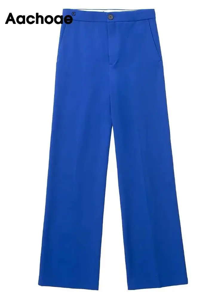 

Aachoae Women Fashion High Waist Long Pants Casual Solid Color Zipper Fly Long Trousers With Pockets Mujer Pantalon