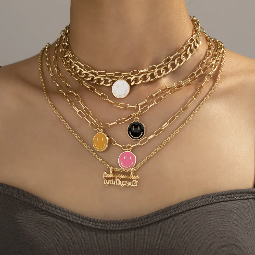 

New Colorful Double-Sided Smiley Ladies Multilayer Necklace Fashion Trend Women's Birthday Present Jewelry Dropshipping Gifts