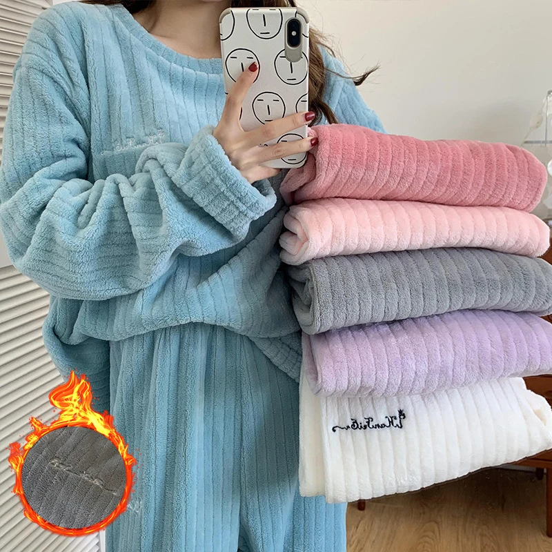 

FINETOO 2PCS/Set Winter Warm Flannel Women Pyjamas Sets Plush Velvet Long Sleeve Sleepwear Nightwear Coral Fleece Girls Homewear