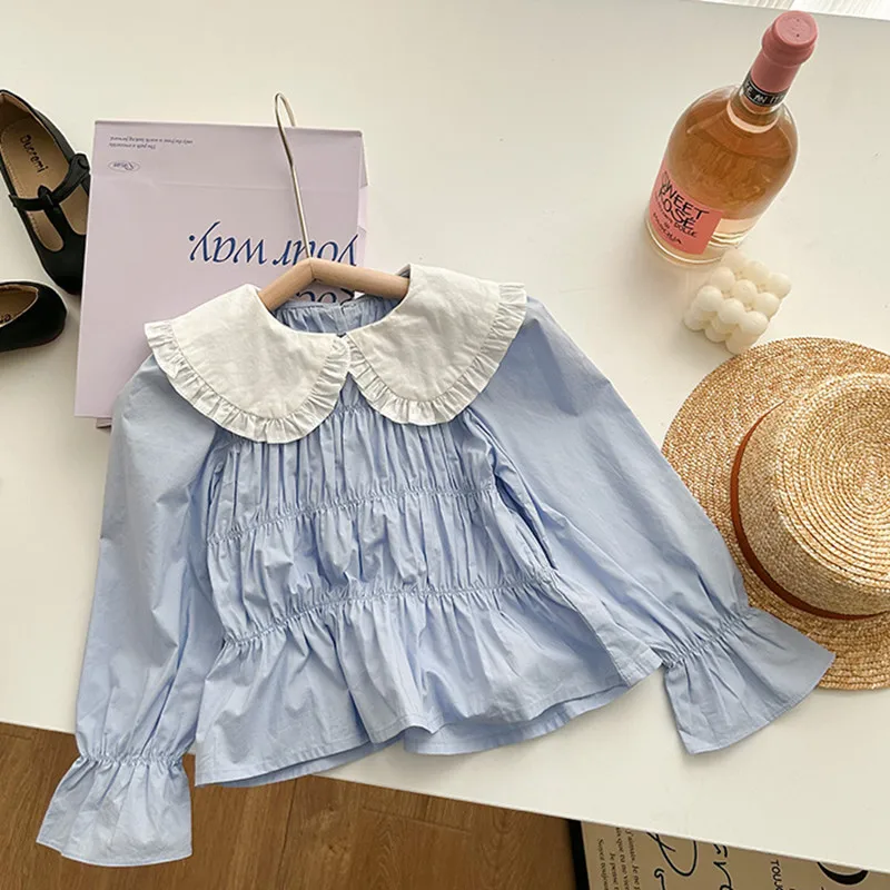 

Style Jonmi Ruched Tops Color Girls Cute Deer Baby Shirts Flare Spring Blouses Korean Solid 2023 Sleeve Children Princess